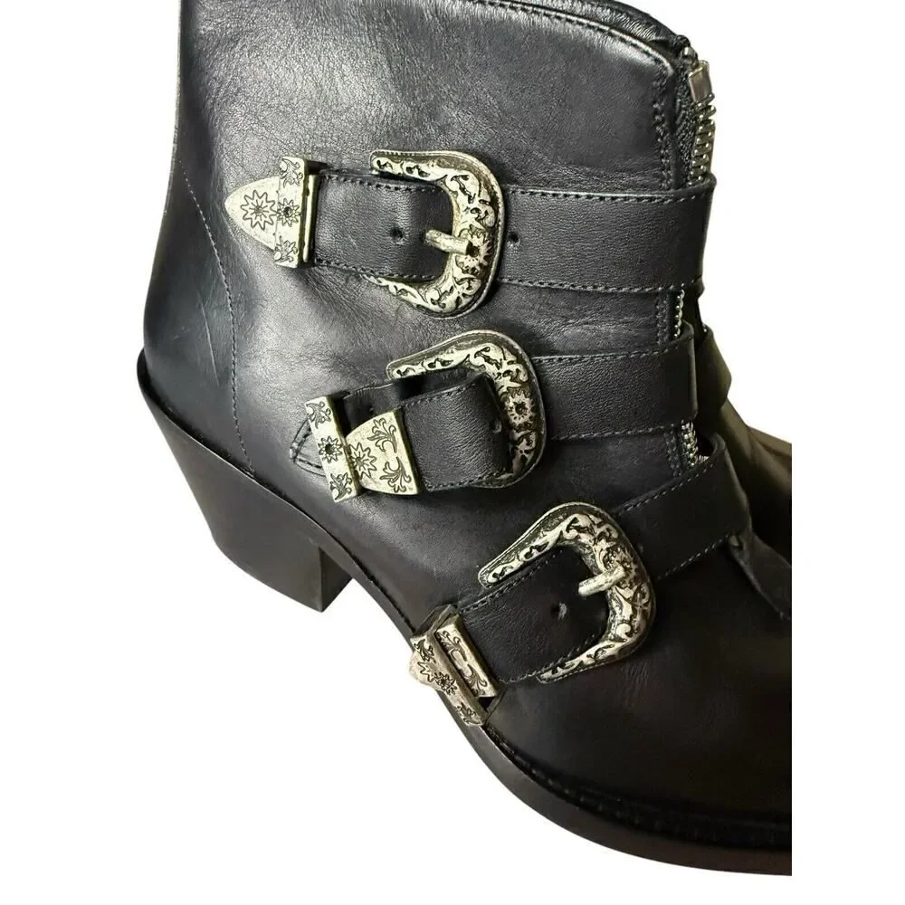 R13 Ankle Three Buckle Boot Black Leather sz 38 $995